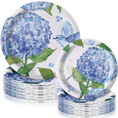 Funnymoom 48 Pcs Hydrangea Paper Plates Set 9" 7" Summer Watercolor Disposable Plates Decorative Dinner Birthday Party Tableware for Baby Shower Party Supplies