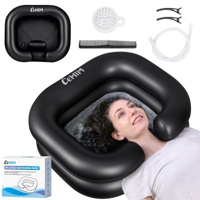 Cehim Inflatable Shampoo Basin - Portable Shampoo Bowl, Hair Washing Basin for Bedridden, Disabled,Injured, Hair Wash Tub for Dreadlocks and at Home Sink Washing (Black, 15in Inner)