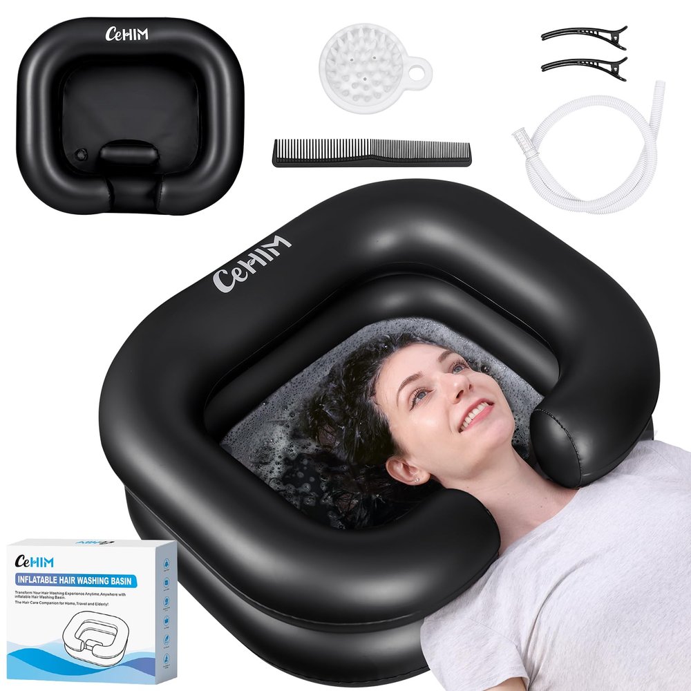 Cehim Inflatable Shampoo Basin - Portable Shampoo Bowl, Hair Washing Basin for Bedridden, Disabled,Injured, Hair Wash Tub for Dreadlocks and at Home Sink Washing (Black, 15in Inner)