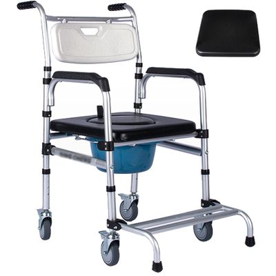 4 in 1 Bedside Commode Chair, Toilet Rolling Chair with 4 Brakes Casters, Transport Shower Wheelchair for Elderly Injured and Disabled, Aluminum Alloy Frame