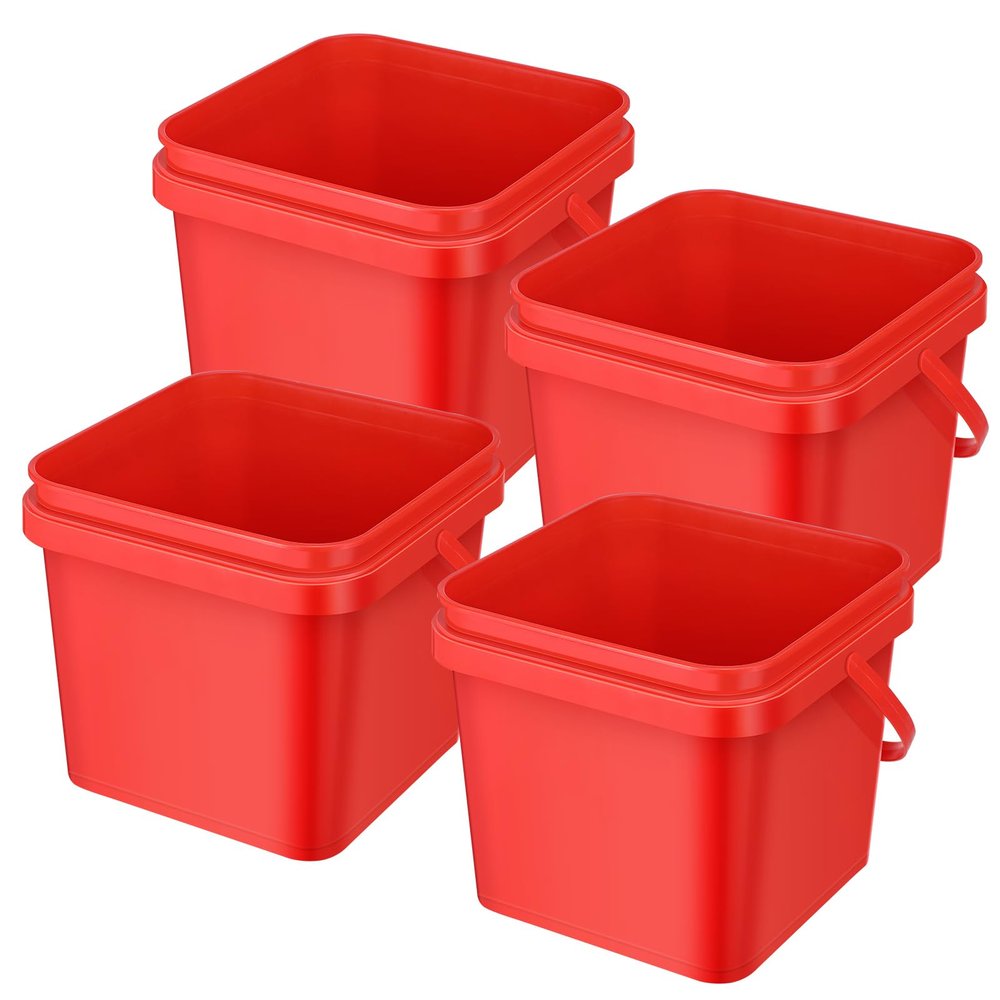 Jingmore 4 Pcs Plastic Bucket 5 Quart Square Bucket Utility Small Pail with Handle Sturdy Pail Organizer for House Cleaning Storage Livestock Feeding Car Washing Food Storage, No Lids(Red)