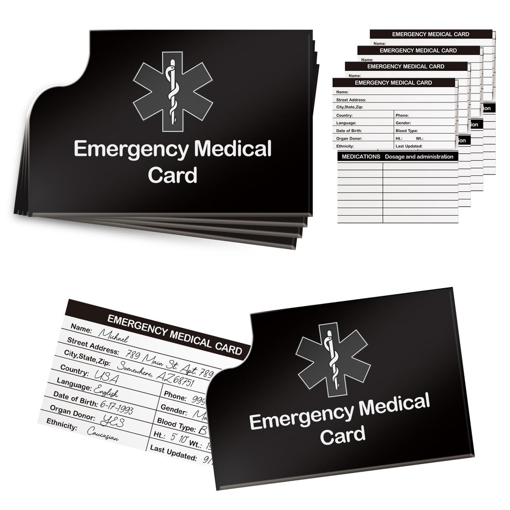 4 Pack Emergency Medical Information Id Card Red Medical Condition and Emergency Contact Id Wallet Card Medical Alert Wallet Card Pocket Size Medication List and Medical Cards for Caretakers (Black)