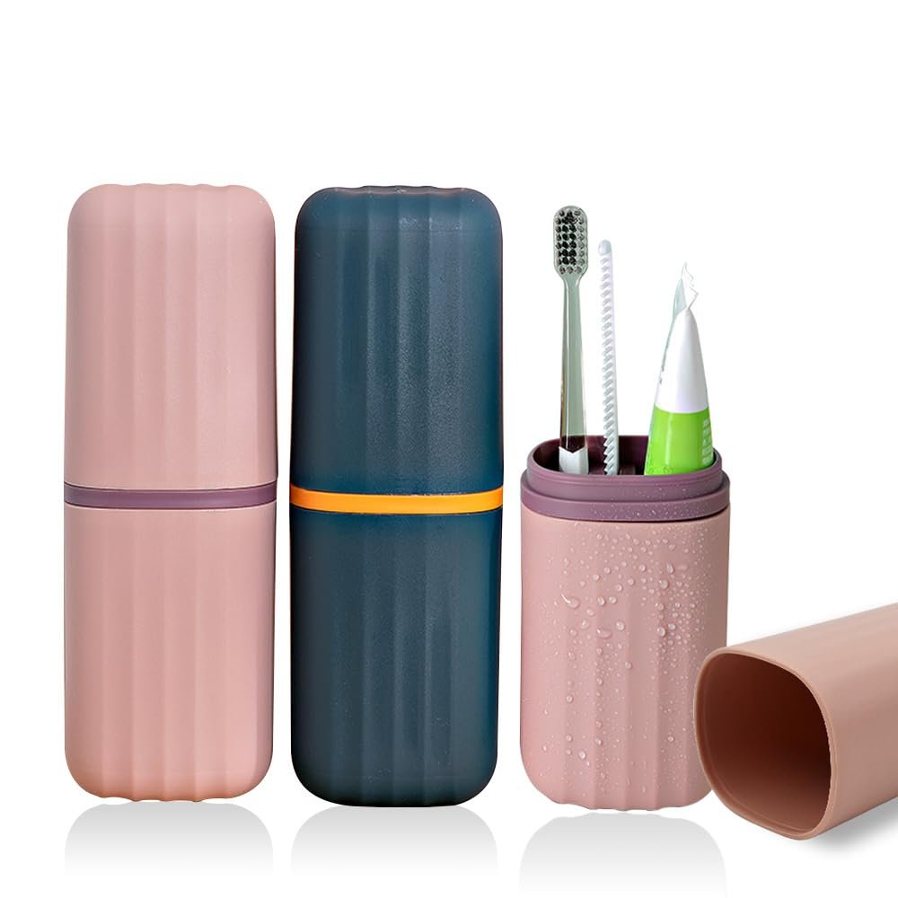 2 Pack Travel Toothbrush Holder, 2 in 1 Toothbrush and Toothpaste Case for Traveling, Portable Tooth Brush Cup with Cover, Toothbrush Holder for Camping Business Trip Bathroom School, Pink and Blue
