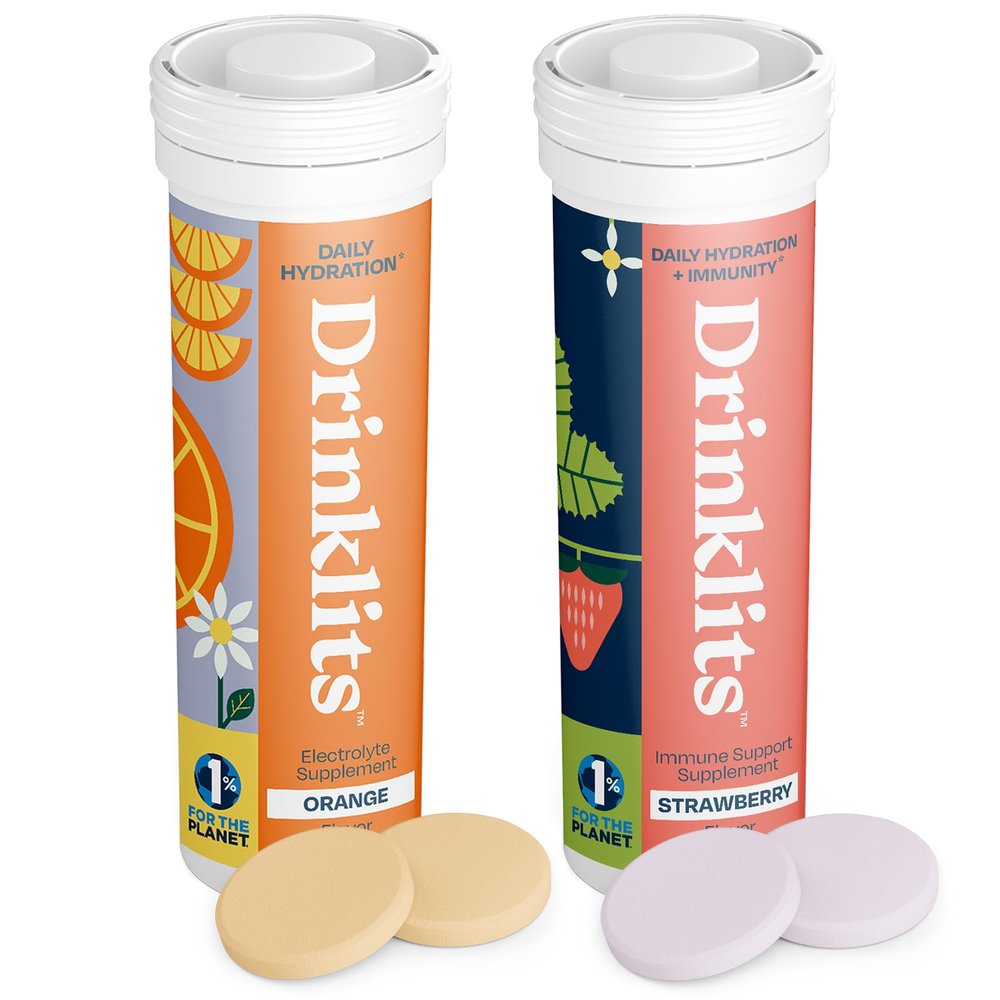 Drinklits Orange Daily Hydration Tablets + Strawberry Immunity Tablets (2) Tube Pack | Essential Electrolytes Great Taste Immune Support | 20 Servings (10 Tablets Per Tube)