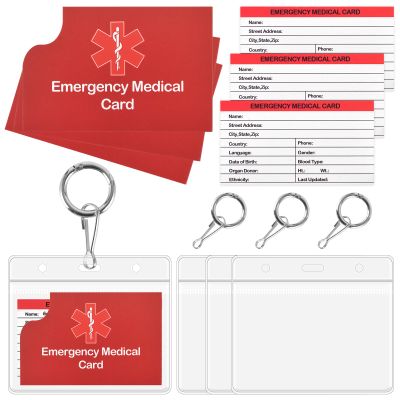 4 Pack Medical Alert Keychain Emergency Medical Information Id Card Emergency Contact Card Wallet with Resealable Badge Holder for Caretakers (Red Keychain)