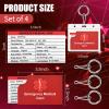 4 Pack Medical Alert Keychain Emergency Medical Information Id Card Emergency Contact Card Wallet with Resealable Badge Holder for Caretakers (Red Keychain) view 2