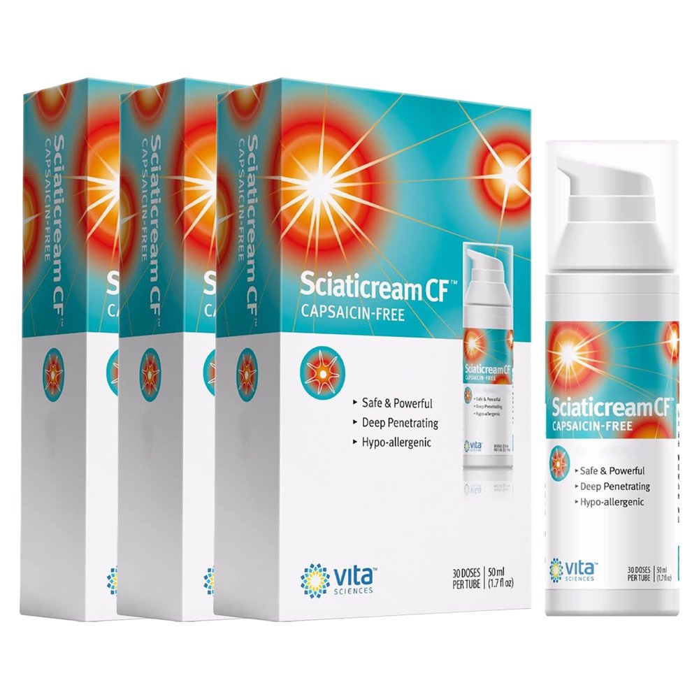 Vita Sciences Sciaticream CF: Rapid Soothing Cream for Sciatic Nerve with Arnica, B1, B5, B6, MSM, Aloe and Coconut Oil Base. Capsaicin-FREE. Fast Acting Soothing Formula - Pack of 3