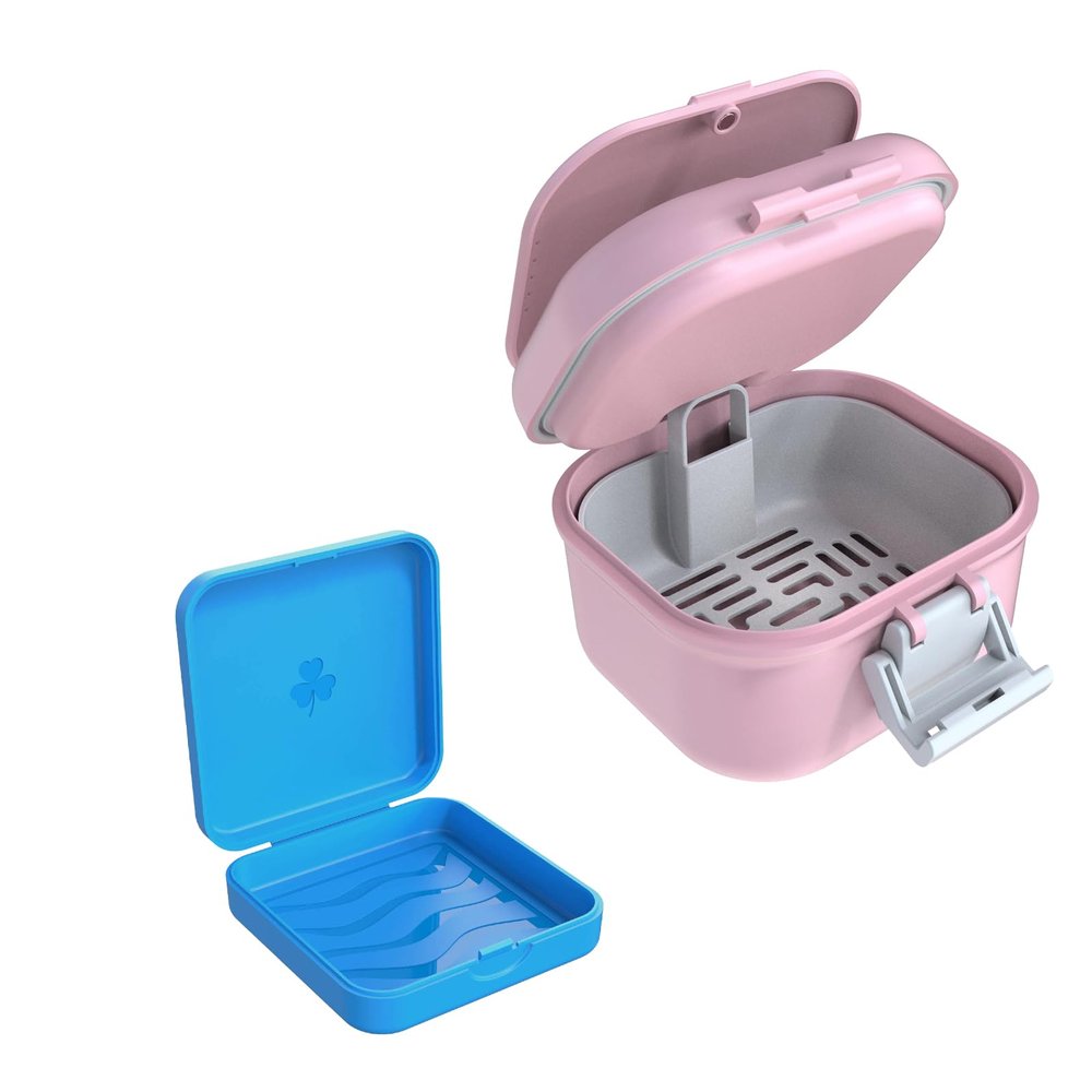 ARGOMAX Leak Proof Denture Bath Cup, Portable Soaking Denture Box, Denture Bath Case with Strainer, for Dentures and Braces, Upgraded Version with Storage Compartment (Pink + White).