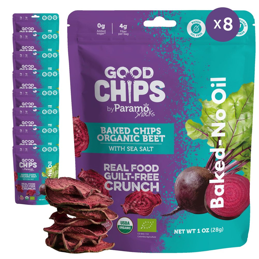 Baked Organic Beet Chips by GOOD CHIPS! 100% Natural, Oil-Free, Only Two Ingredients: Organic Beets and Sea Salt - 1 oz Bags - Pack of 8