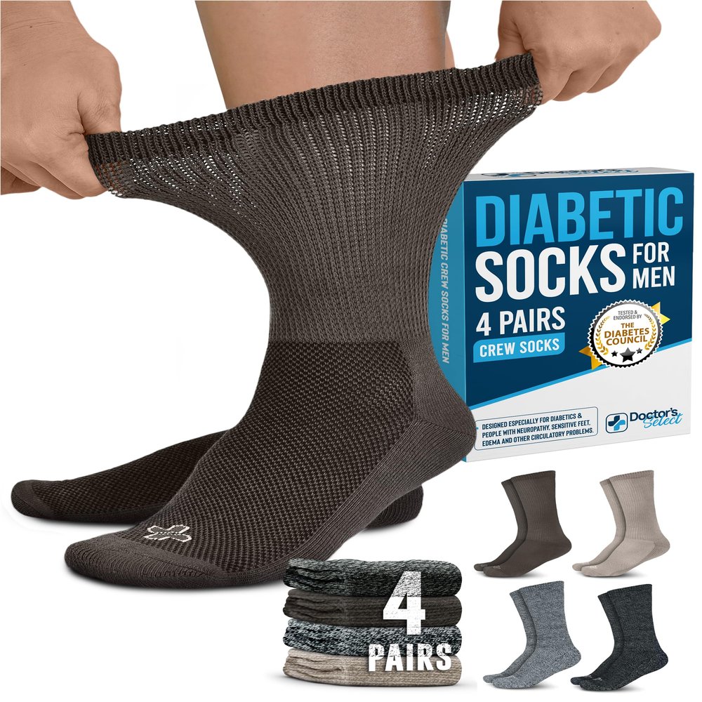 Doctor's Select Diabetic Socks for Men 9-12 - 4 Pairs Crew Neuropathy Socks for Men | Charcoal Grey, Grey, Brown, Tan