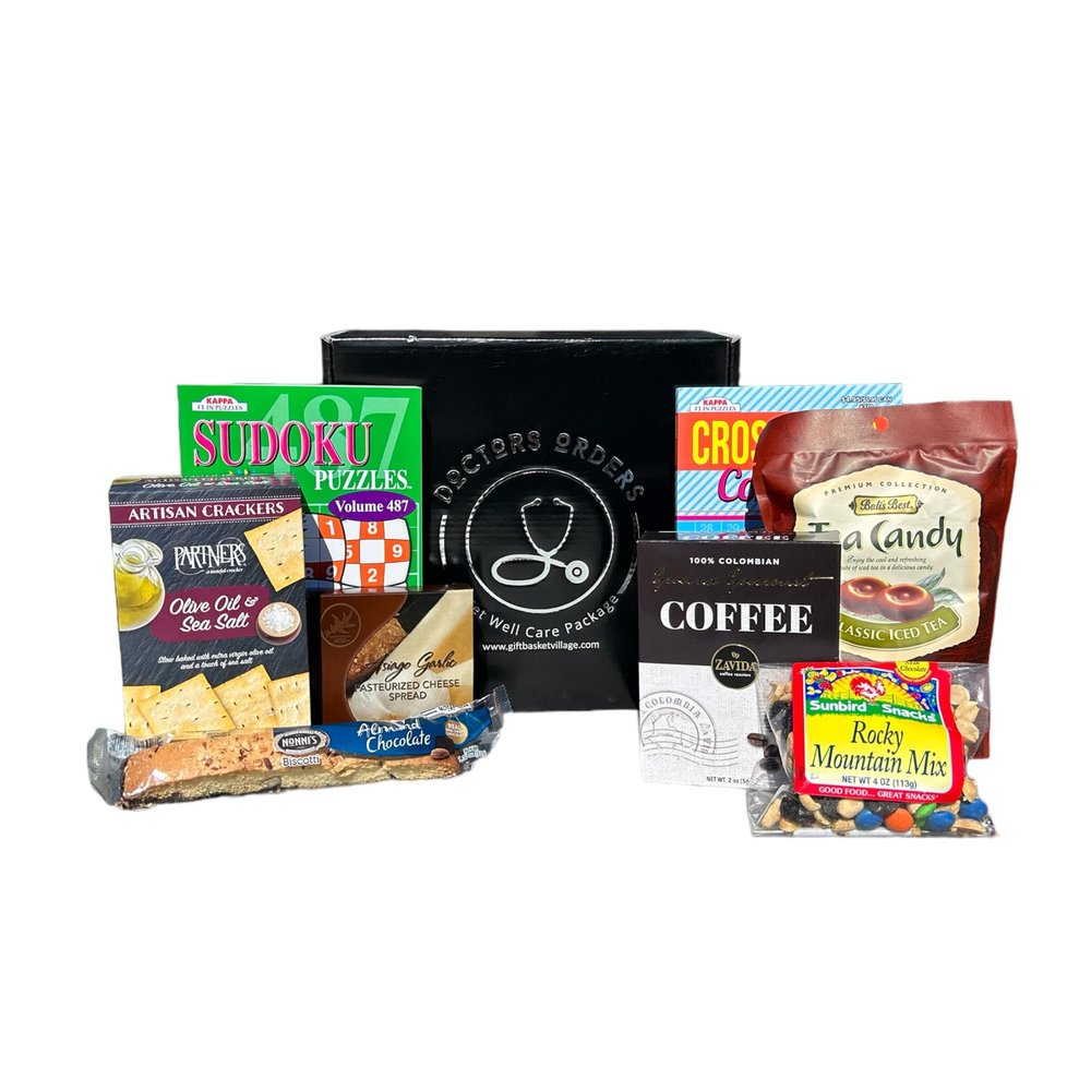 Gift Basket Village: Doctor's Orders Care Package - Get Well Soon Gift with Candy, Coffee, Cheese Spread, Snacks & Activity Books