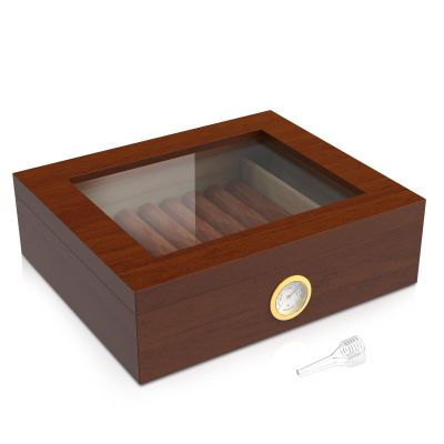 20-30 Counts Cigar Box with Hygrometer Humidifier and Divider,Handmade Glass Top Cigar Humidor, Desktop Storage Case