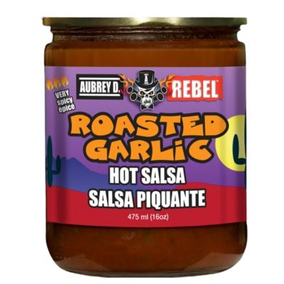 Aubrey D. Rebel Roasted Garlic Hot Salsa! Very Spicy! Tacos, Taquitos, Burritos, Enchiladas, Tamales And On Your Favourite Chicken Or Beef Or Any Dish The Needs Some Heat And Flavour. 475ml - 16oz