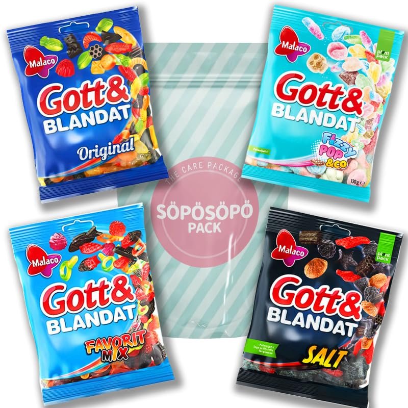 Malaco Gott & Blandat Gummy Licorice Set 4 Flavor packs - Chewy - Salmiakki - Gummy Candies - Sweets Candy Box -Sweden in a SOPOSOPO Box (Total of 4 items) SPSP