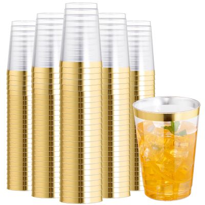 I00000 200 Pack 12 oz Gold Plastic Cups, Clear Disposable Cups, Disposable Plastic Wine Glasses Cocktail Glasses Premium Cups with Gold Rim, 12 Ounce Tumblers for Party & Wedding