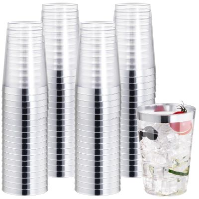 I00000 50 Pack 12 oz Silver Plastic Cups, Silver Rimmed Disposable Cups, Party Wine Glasses Disposable Cocktail Glasses Heavy Duty Cups with Silver Rim, 12 Ounce Plastic Tumblers For Party