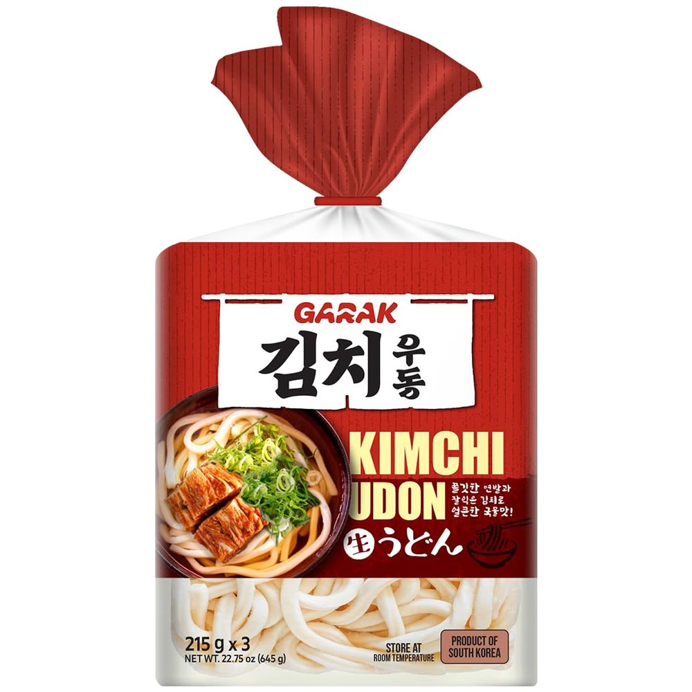 GARAK Kimchi Soup Udon Noodles (3 Packs) Thick Japanese-Style Korean Noodles with Seasoning, Ready in 2 Minutes, Perfect for Quick Meals (645g / 22.75oz)