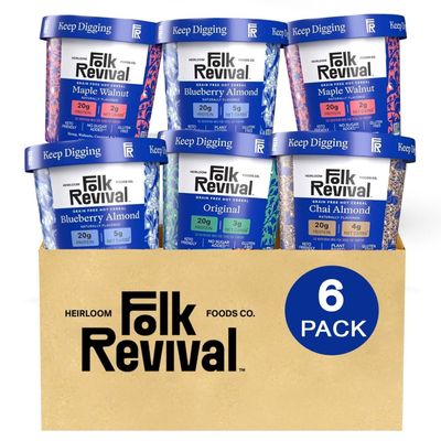 Folk Revival Variety Pack Keto Instant 'Oatmeal' - 20g of Protein, Low Carb, High Fiber, 2 Blueberry, 2 Maple Walnut, 1 Chai Almond, 1 Original - 6 Cups Per Case