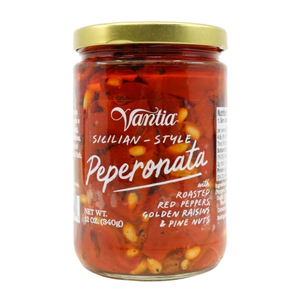Vantia Authentic Sicilian-Style Peperonata - Traditional Sweet & Savory Roasted Red Peppers, Perfect as Bruschetta, Chicken or Fish Topping, Imported from Italy - Jar, 12oz