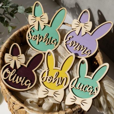 Personalized Easter Basket Tag for Kids w/Name - 3D 2 Layer Easter Tags - 24 Background Colors - Custom Easter Place Card Name, Wooden Basket Label Decor for Rustic Home, D4 (Bowtie Girl)