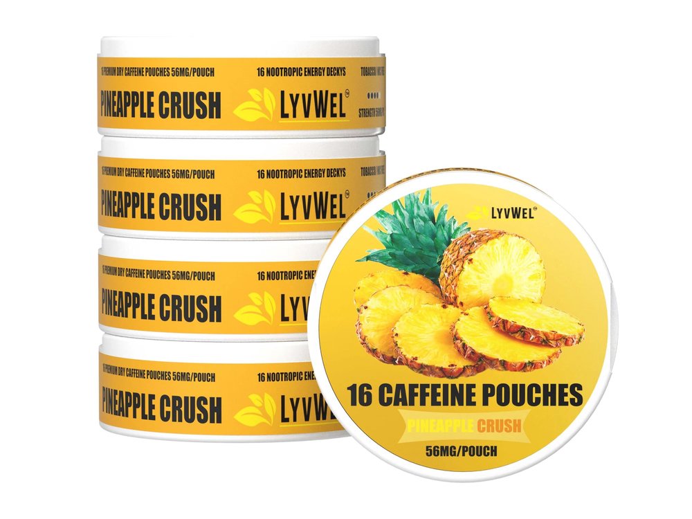 LyvWel 56mg Caffeine Energy Pouches  Pineapple  Clean Energy & Focus Boost with Guarana  5-Pack with 16 Pouches Per Can (80 Total)