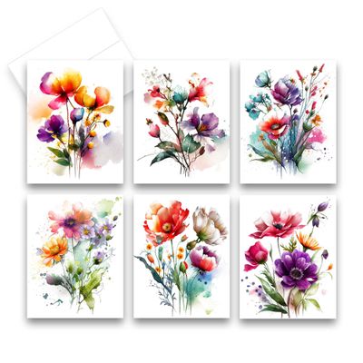 Aria Rae Design Greetings Card Set of 12, Assorted Wildflowers, Note Cards, Stationery set, cards with Watercolor flowers, blank cards, notecards with envelopes, greeting card assortment