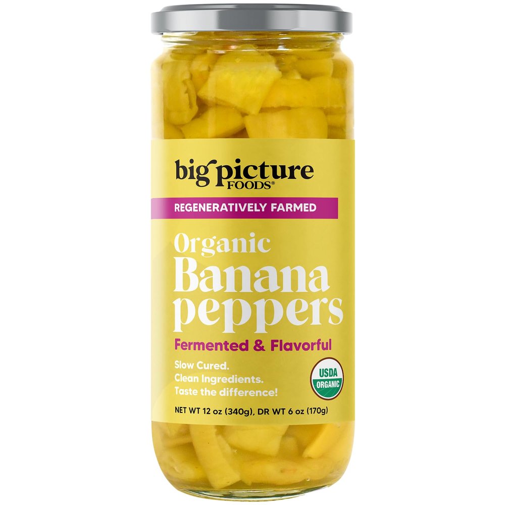 Big Picture Foods Banana Pepper/Rings in Jar - Enhance Your Culinary Creations with Sun-Ripened Goodness! Regeneratively Grown, Pre-Sliced, and Packed with Pure Flavor.- Net Wt. 12oz (340g)