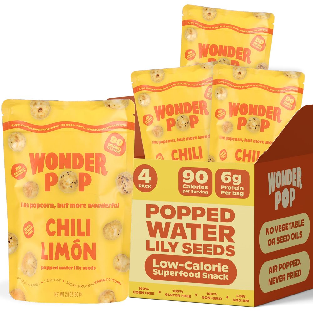 WonderPop Chili Limon  Popped Water Lily Seeds (4-Pack) | 90 Calorie, 6g Protein, Vegan, Gluten-Free, Non-GMO | Guilt-Free Plant-Based Crunchy Snack | 2.11oz Bags