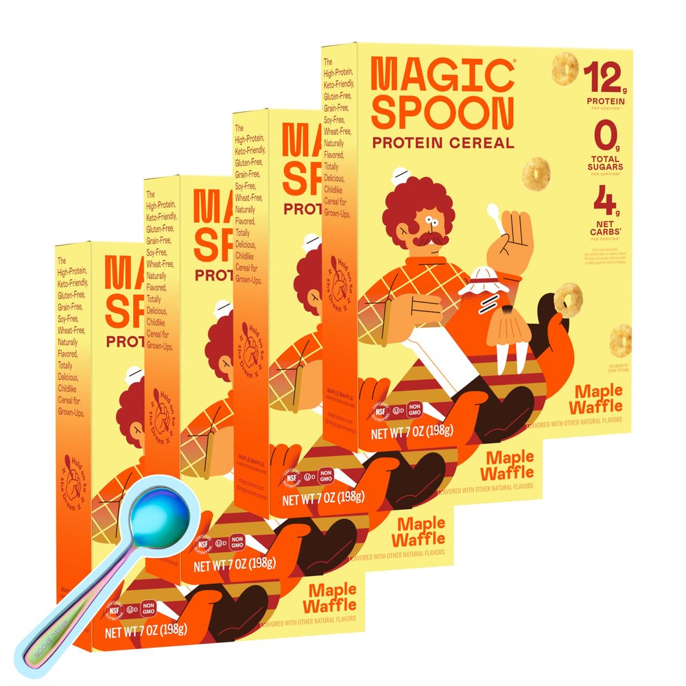 Magic Spoon Cereal - High Protein Cereals - Sugar Free Snacks & Breakfast Food - Grain & Gluten Free Cereal - Healthy Snacks for Kids & Adults - Low Carb & Keto Friendly - 4 Pack, Maple Waffle