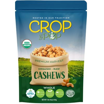 CROP BY POP - Organic Raw Whole Cashews, Unsalted, Shelled, (16 Oz - 1 LB) Packed Fresh in Resealable Bag - USDA Organic, Non GMO - Naturally Grown, Vegan, Kosher
