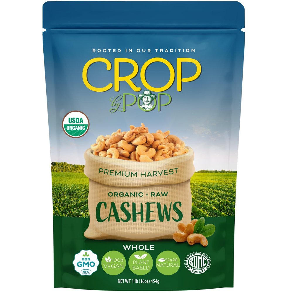 CROP BY POP - Organic Raw Whole Cashews, Unsalted, Shelled, (16 Oz - 1 LB) Packed Fresh in Resealable Bag - USDA Organic, Non GMO - Naturally Grown, Vegan, Kosher