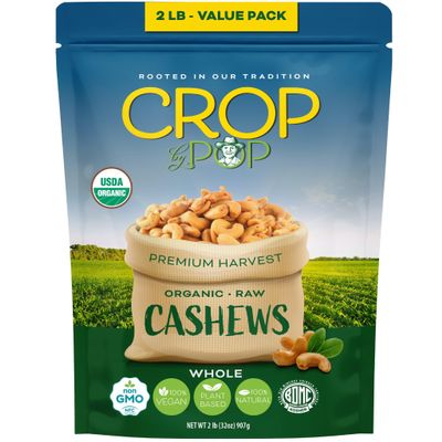 CROP BY POP - Organic Raw Whole Cashews, Unsalted, Shelled, (32 Oz - 2 LB) Packed Fresh in Resealable Bag - USDA Organic, Non GMO - Naturally Grown, Vegan, Kosher