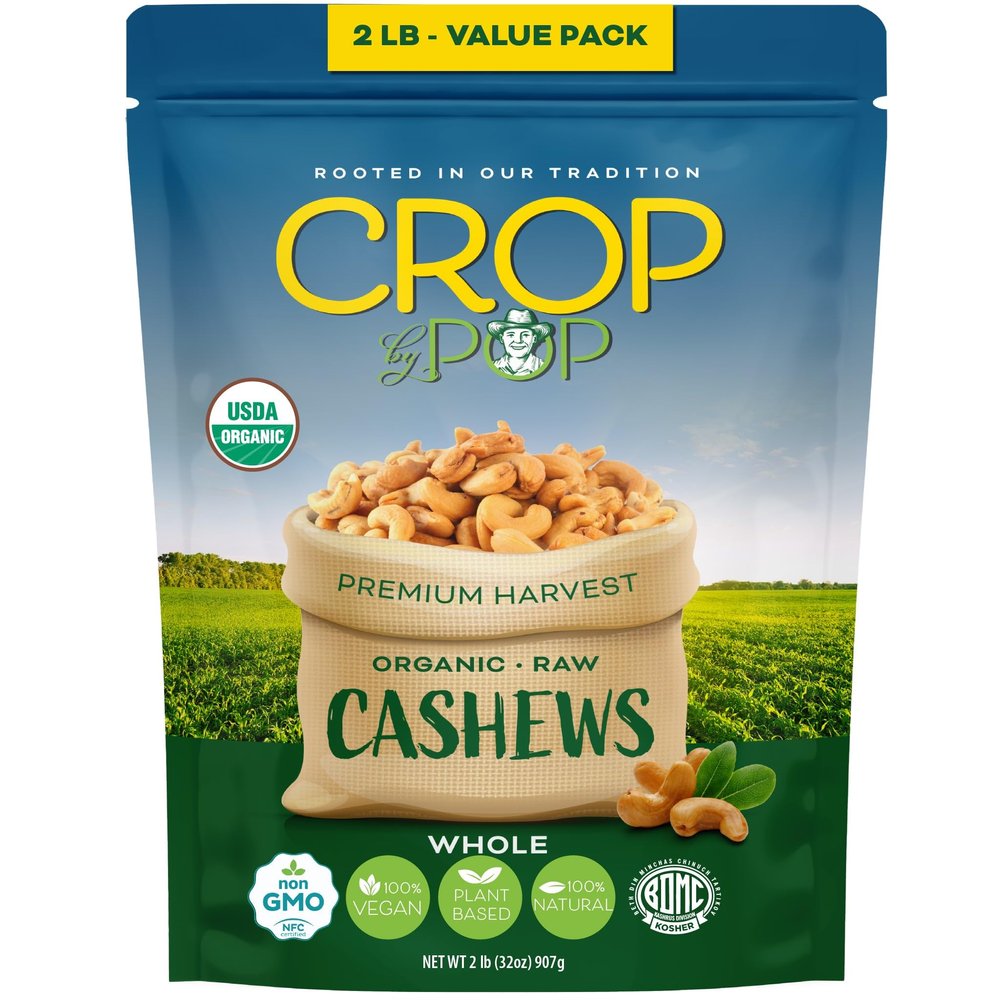 CROP BY POP - Organic Raw Whole Cashews, Unsalted, Shelled, (32 Oz - 2 LB) Packed Fresh in Resealable Bag - USDA Organic, Non GMO - Naturally Grown, Vegan, Kosher