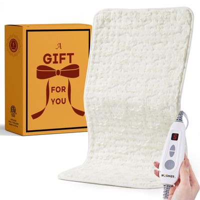 Woomer Faux Fur Electric Heating Pad for Back Pain Relief, Extra Large 17 x 33, Extended Coverage from Neck to Hip, Two-Sided, Moist Mode, ETL Certified, 6 Adjustable Heats & 2H Auto-Off,White