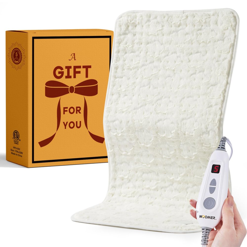 Woomer Faux Fur Electric Heating Pad for Back Pain Relief, Extra Large 17 x 33, Extended Coverage from Neck to Hip, Two-Sided, Moist Mode, ETL Certified, 6 Adjustable Heats & 2H Auto-Off,White