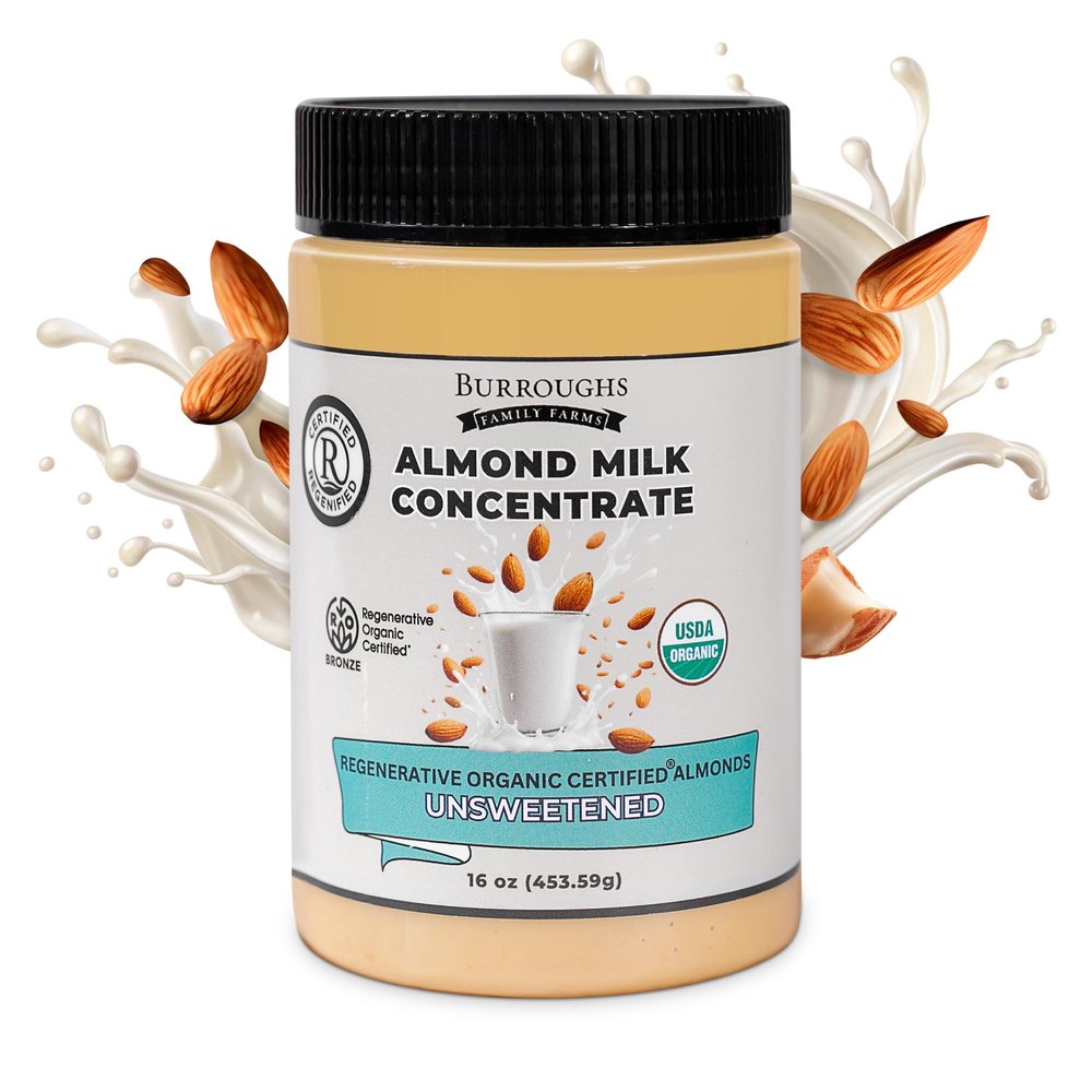 Burroughs Family Farms USDA Organic Almond Milk Concentrate, 16 Oz  First Regenerative Organic Certified Farm, Shelf-Stable, No Added Sugars or Preservatives  Unsweetened Almond Milk On Demand, 28 Servings  Gluten-Free, Non-GMO, Vegan, Paleo & Ket
