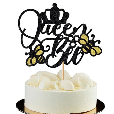 Lebiukee Glitter Queen Bee Cake Topper, Bumble Bee Themed, Gold & Yellow, 1 Count, 6.6 x 5.5 inches, Mother's Day & Birthday Occasion
