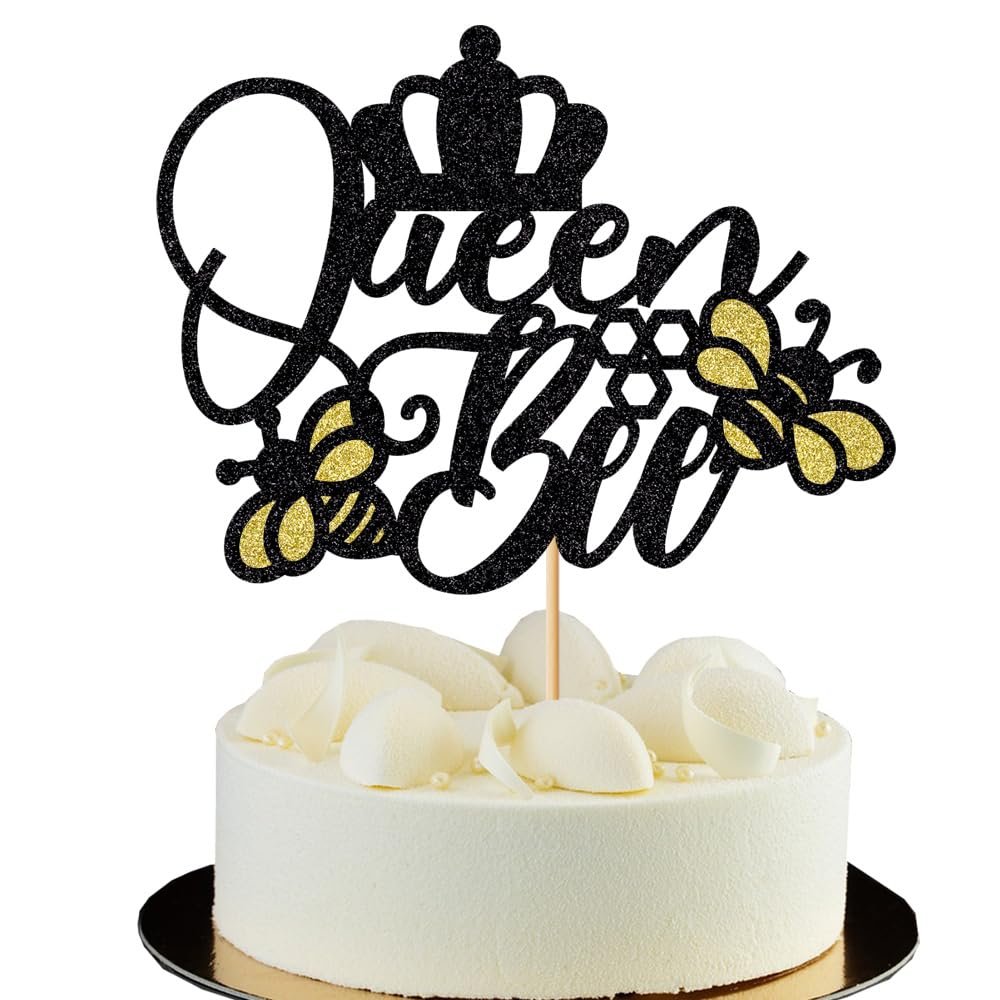 Lebiukee Glitter Queen Bee Cake Topper, Bumble Bee Themed, Gold & Yellow, 1 Count, 6.6 x 5.5 inches, Mother's Day & Birthday Occasion