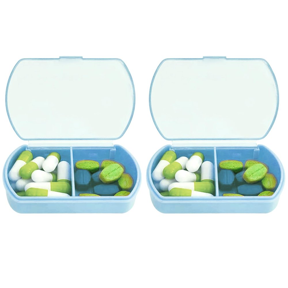 2PCS Small Pill Case Travel Pill Box Cute Pill Organizer for Purse Portable Daily Medicine Organizer 2 Compartment Pill Holder for Vitamins, Fish Oil, Supplements