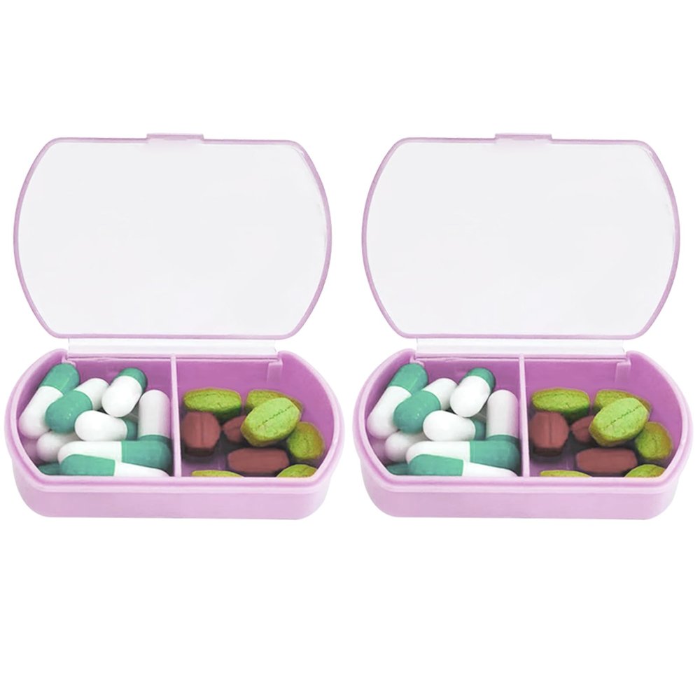 2PCS Small Pill Case Travel Pill Box Cute Pill Organizer for Purse Portable Daily Medicine Organizer 2 Compartment Pill Holder for Vitamins, Fish Oil, Supplements
