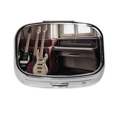 Guitar Bass Music Musical Instruments Print Pill Box 2 Compartment Small Pill Case with Mirror Pill Organizer Portable Medicine Pillbox for Travel Pocket Purse