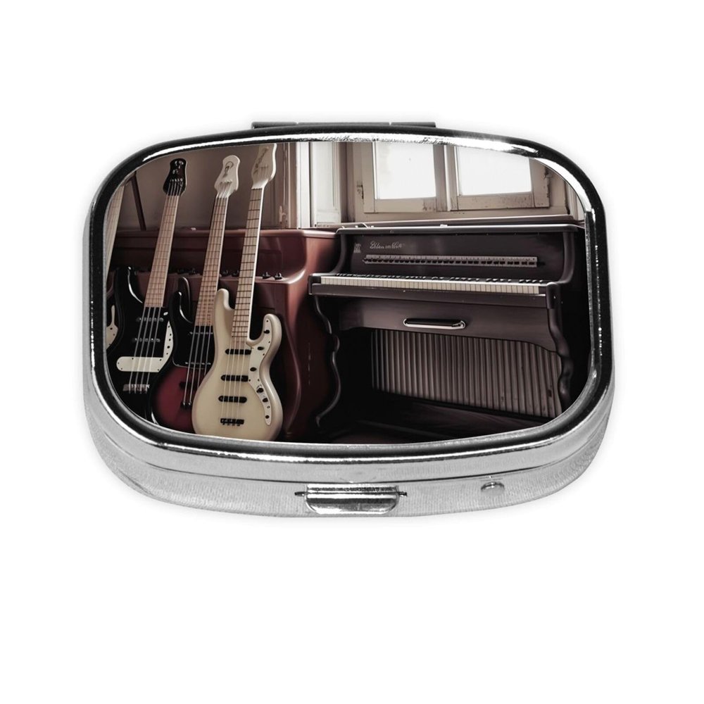 Guitar Bass Music Musical Instruments Print Pill Box 2 Compartment Small Pill Case with Mirror Pill Organizer Portable Medicine Pillbox for Travel Pocket Purse