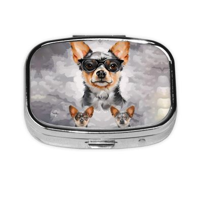 Pill Box Pill Case 2 Compartment Chihuahua Dog Glasses Print Cute Square Pill Organizer Portable Travel Medicine Organizer Stores for Purse Pocket