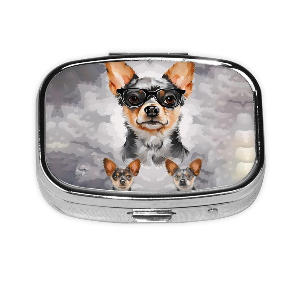Pill Box Pill Case 2 Compartment Chihuahua Dog Glasses Print Cute Square Pill Organizer Portable Travel Medicine Organizer Stores for Purse Pocket