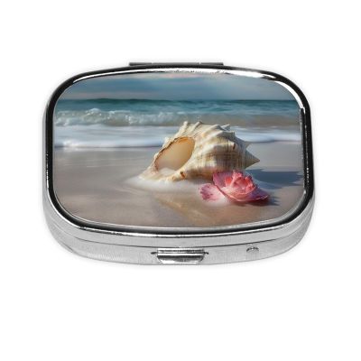 VTCTOASY Beach Conch Seascape Print Pill Box 2 Compartment Small Pill Case With Mirror Pill Organizer Portable Medicine Pillbox For Travel Pocket Purse