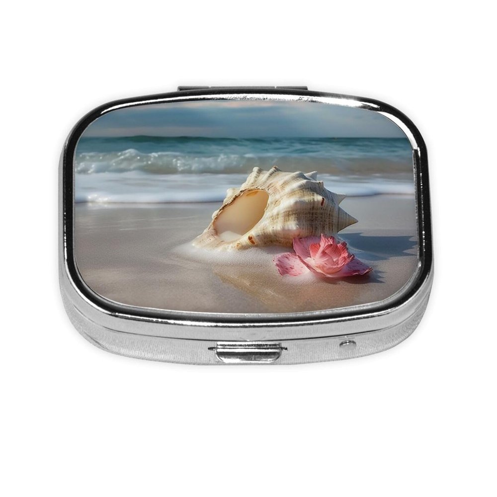 VTCTOASY Beach Conch Seascape Print Pill Box 2 Compartment Small Pill Case With Mirror Pill Organizer Portable Medicine Pillbox For Travel Pocket Purse