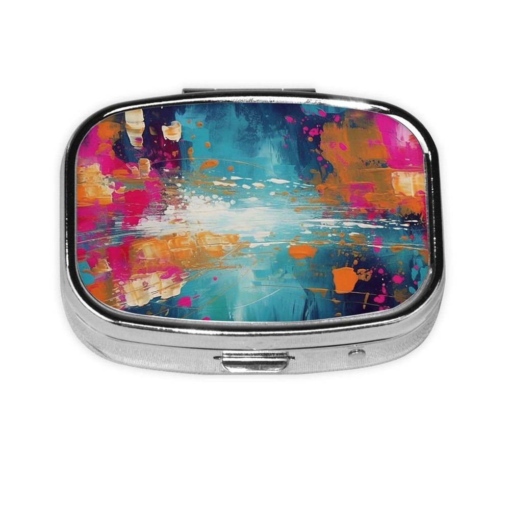 Abstract Oil Painting Print Pill Box 2 Compartment Small Pill Case with Mirror Pill Organizer Portable Medicine Pillbox for Travel Pocket Purse
