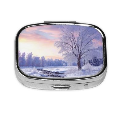 Winter Landscape Print Pill Box 2 Compartment Small Pill Case with Mirror Pill Organizer Portable Medicine Pillbox for Travel Pocket Purse