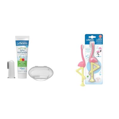 Dr. Brown's 100% Silicone Baby Finger Toothbrush and Toothpaste Set & Baby and Toddler Toothbrush, Flamingo 1-Pack, 1-4 Years