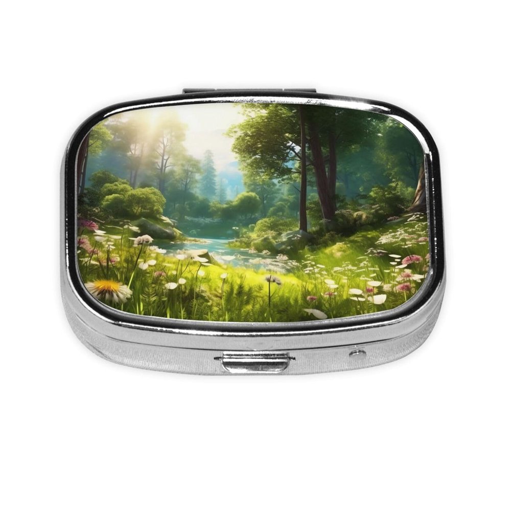 Woodland Land Flower Print Pill Box 2 Compartment Small Pill Case with Mirror Pill Organizer Portable Medicine Pillbox for Travel Pocket Purse